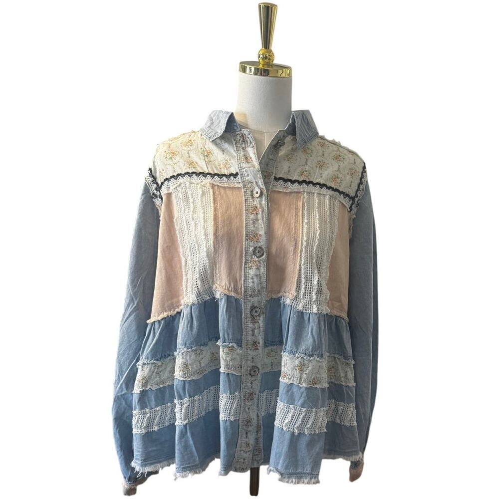 POL Patchwork Lace Tiered Denim Shacket Shirt Jacket Large Boho Cottagecore